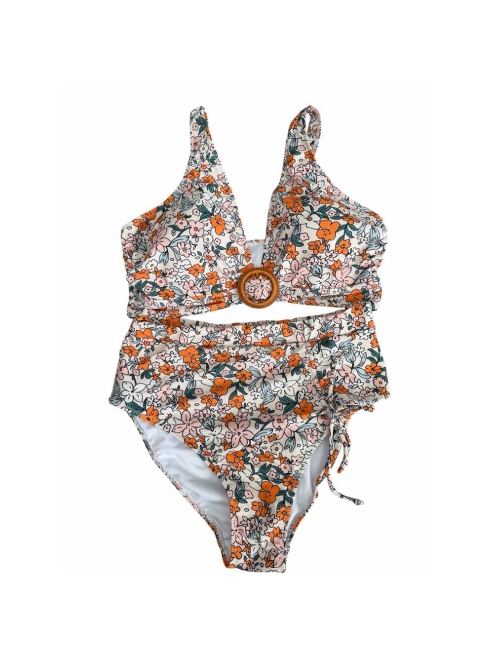 NWT BMJL Cream Floral Bikini Set - Ruched Triangle Top & High Cut Bottoms- LARGE